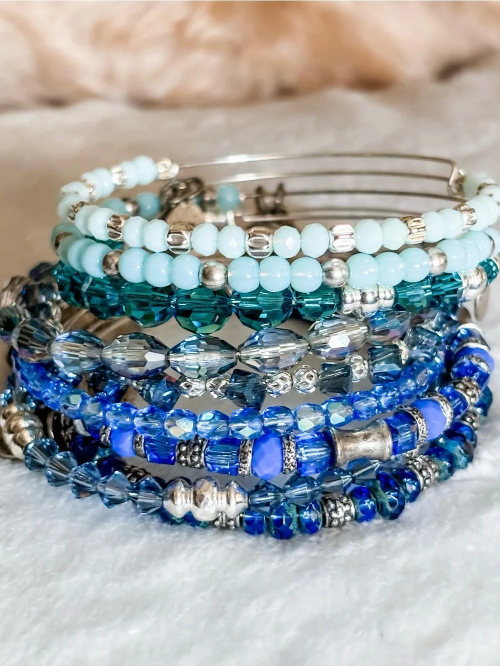 Alex and Ani Blue Swarovski Crystal & Silver Beaded Bangle Bracelet - Silver